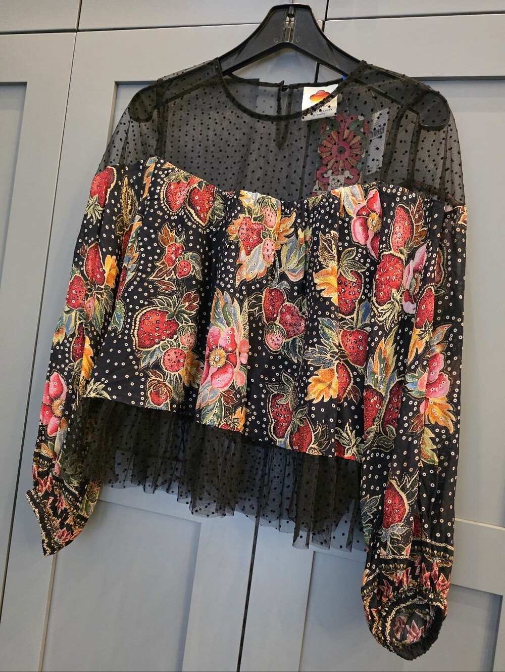 NWT Farm Rio x Anthropologie Sheer Mesh Polka Dot Floral Blouse Sz S Boho - Picture 4 of 11